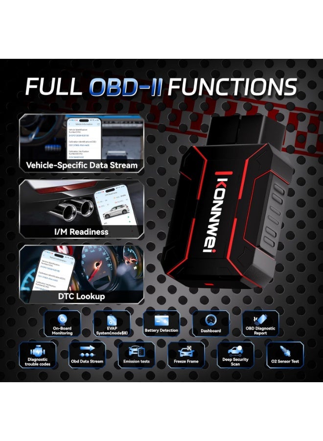 كونوي ماسح OBD2 بلوتوث، أداة تشخيص نظام السيارة الكامل، قارئ رمز فحص المحرك، اختبار الجهد، جاهزية I/M، تدفق البيانات، AutoVIN، بدون اشتراك وتطبيق حصري لنظامي iOS وAndroid - Image 2