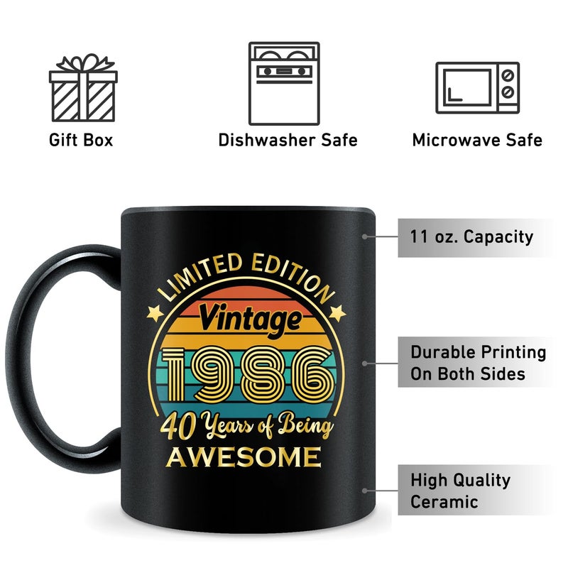 QUPT 40th Birthday Gifts for Women Men, 40th Birthday Gifts for Him, 1986 Birthday Gifts for Women Men, 40 Years Old Gifts, 1986 Birthday Gifts for Her Him, 40th Birthday Presents Coffee Mug - Image 3