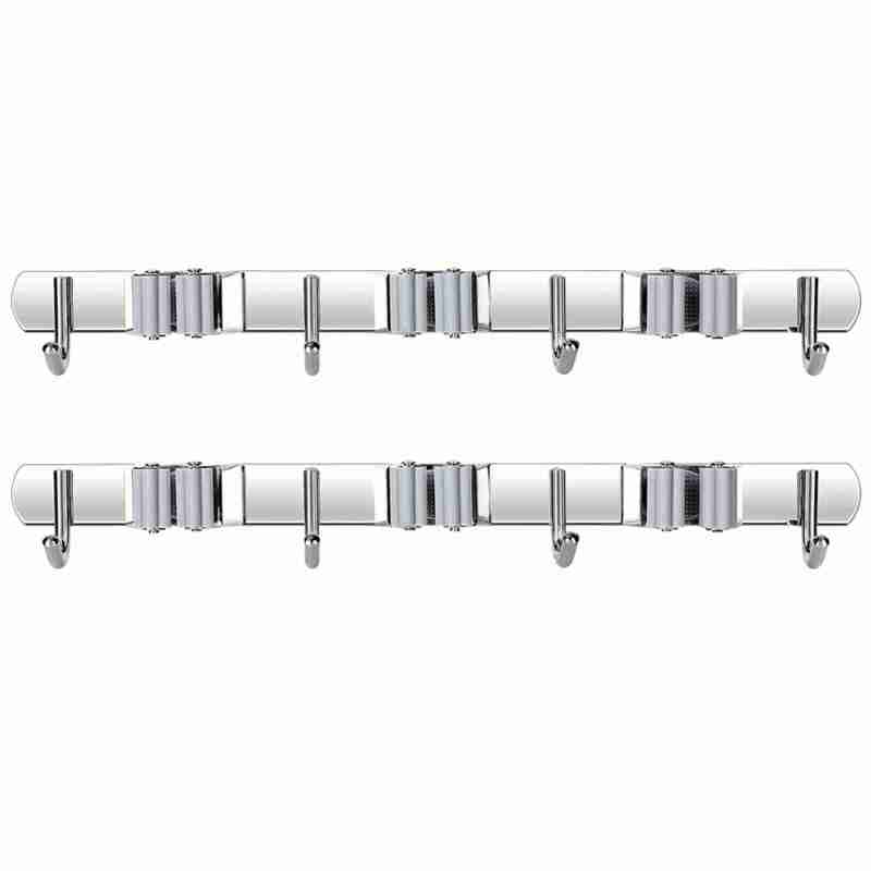 Broom Hoolder Stainless Steel 3 Clips and 4 Hooks Gray Mop Holder Pack of 2 for Kitchen - Image 1