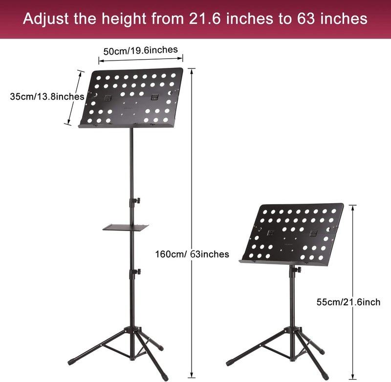 Image 21.6-63 Inch Sheet Music Stand - Adjustable and Foldable Travel Metal Stand With Carrying Bag, Music Tray and Sheet Clip Holder for Instrumental Performance - Image 3