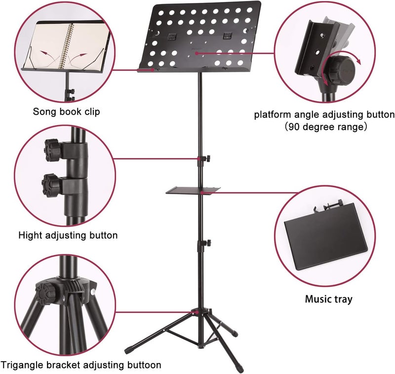 Image 21.6-63 Inch Sheet Music Stand - Adjustable and Foldable Travel Metal Stand With Carrying Bag, Music Tray and Sheet Clip Holder for Instrumental Performance - Image 4