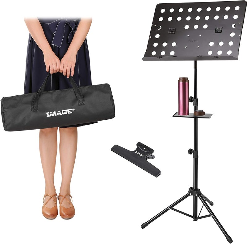 Image 21.6-63 Inch Sheet Music Stand - Adjustable and Foldable Travel Metal Stand With Carrying Bag, Music Tray and Sheet Clip Holder for Instrumental Performance - Image 1