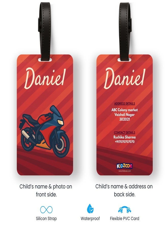 Kidzook Personalized Name Bag Tag | Custom Luggage Tag for Kids & Adults - PVC Luggage Tag for Travel, School, Office, Camping | Bike Theme Design with Silicone Strap (Pack of 1) - Image 4