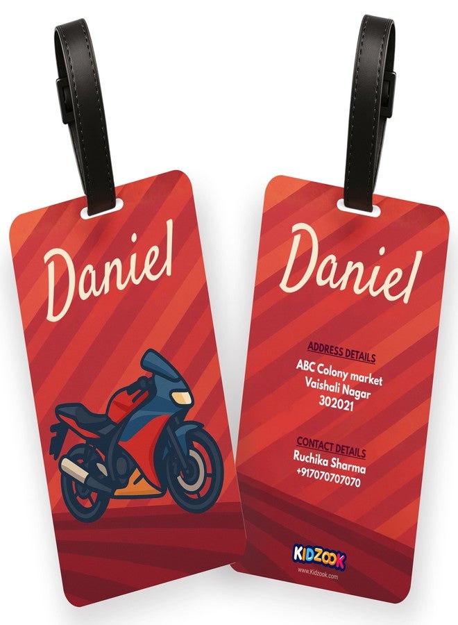 Kidzook Personalized Name Bag Tag | Custom Luggage Tag for Kids & Adults - PVC Luggage Tag for Travel, School, Office, Camping | Bike Theme Design with Silicone Strap (Pack of 1) - Image 1