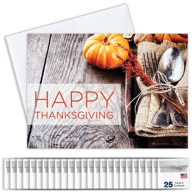 Thanksgiving Cards for Business Family Harvest Table Place Setting Greeting Card Set Pack of 25 Thanksgiving Cards with Envelopes 5x7 inch A7 Great for Office Work Employees Clients TH1510