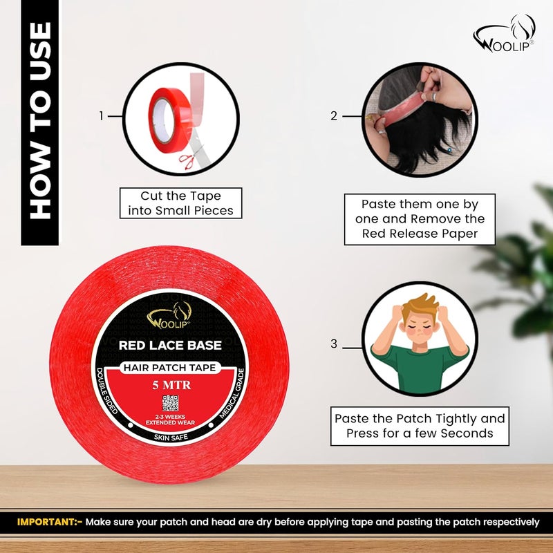 Woolip Hair Patch Tape For Men – Maximum Hold Up To 2-3 Weeks – Waterproof Wig Tape For Men – 1 Inch Cotton Material – Double sided Transparent Tape for Hair Patch - 5M - Image 2