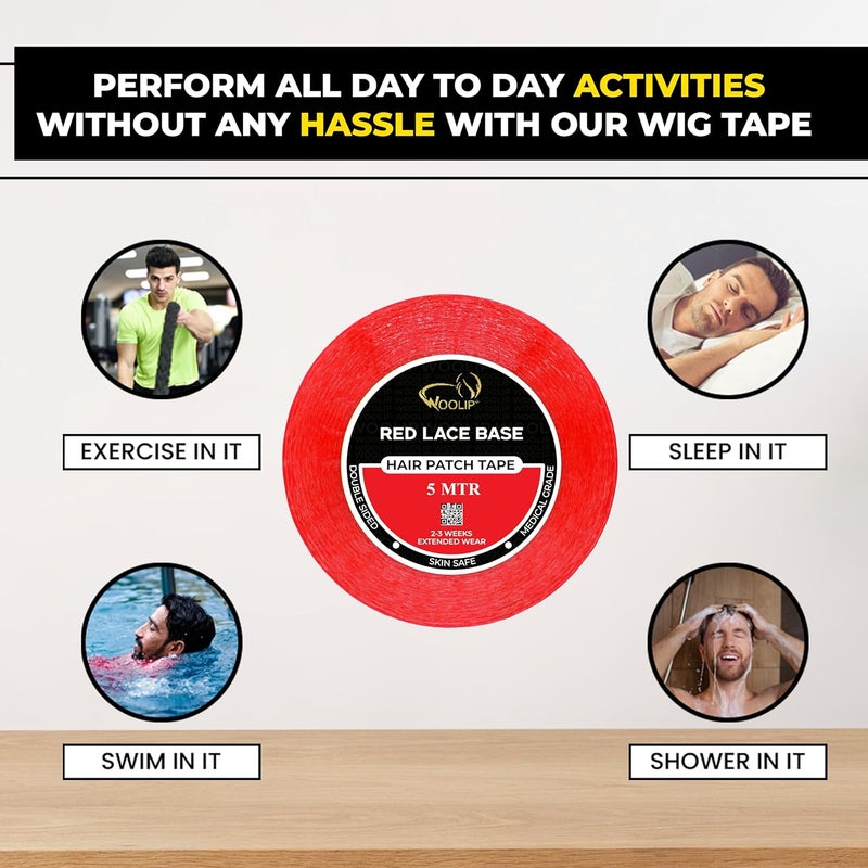 Woolip Hair Patch Tape For Men – Maximum Hold Up To 2-3 Weeks – Waterproof Wig Tape For Men – 1 Inch Cotton Material – Double sided Transparent Tape for Hair Patch - 5M - Image 4