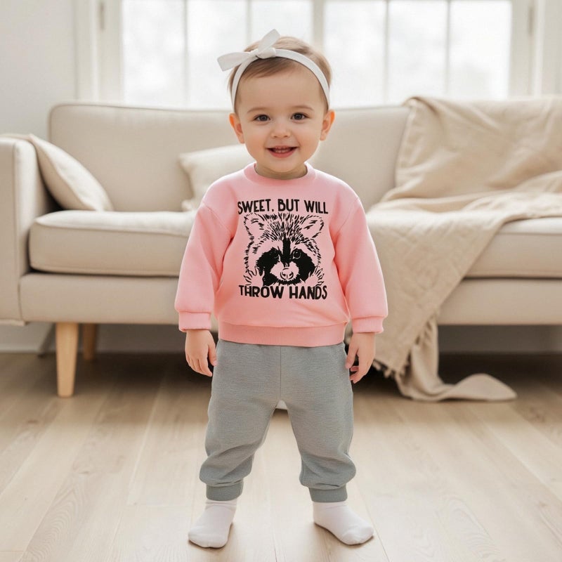 allshope Toddler Baby Girl Fall Outfit Letter Print Sweatshirt Tops Elastic Waist Pant Cute Infant Newborn Winter Clothes Set (Raccoon Pink, 18-24 Months) - Image 2