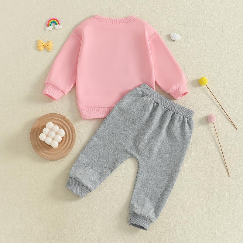 allshope Toddler Baby Girl Fall Outfit Letter Print Sweatshirt Tops Elastic Waist Pant Cute Infant Newborn Winter Clothes Set (Raccoon Pink, 18-24 Months) - Image 3