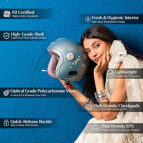 TVARRA Lotus Women’s Open Face Helmet with Printed Design, ISI Certified, Lightweight Material, Crafted for Women, Extreme Comfort fit with Clear Visor(Frost Blue-M) - Image 2