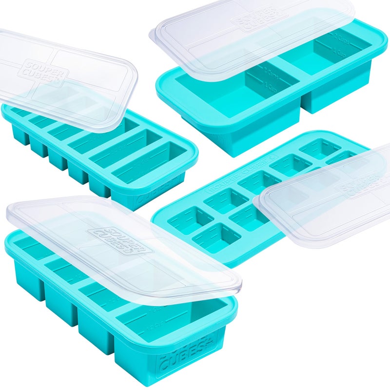 Souper Cubes Silicone Freezer Molds Gift Set with 2 Tbsp 12 1 and 2 Cup Silicone Freezer Trays With Lids Meal Prep and Kitchen Essentials Bundle Aqua