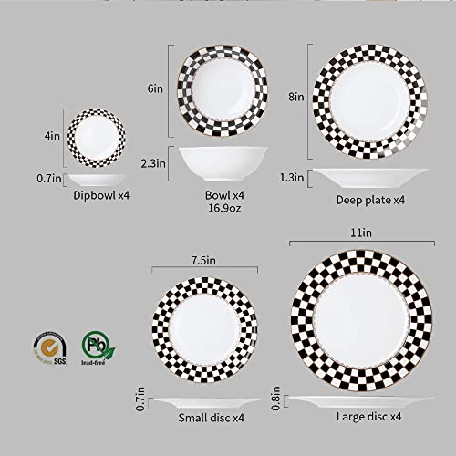 Porlien Checker Pattern 20-piece Round Dinnerware Set for 4, Porcelain Dinner Sets - Image 2