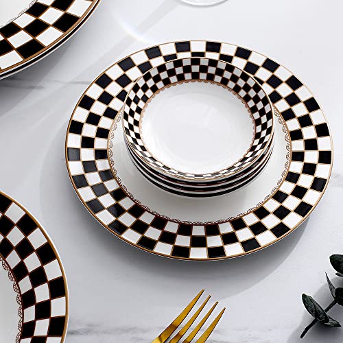 Porlien Checker Pattern 20-piece Round Dinnerware Set for 4, Porcelain Dinner Sets - Image 4