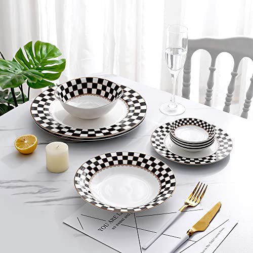 Porlien Checker Pattern 20-piece Round Dinnerware Set for 4, Porcelain Dinner Sets - Image 5