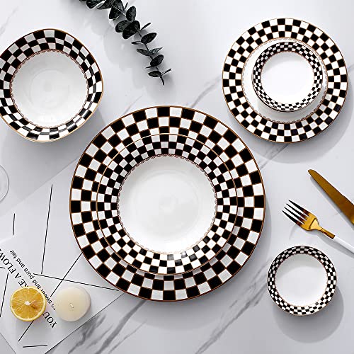 Porlien Checker Pattern 20-piece Round Dinnerware Set for 4, Porcelain Dinner Sets - Image 3