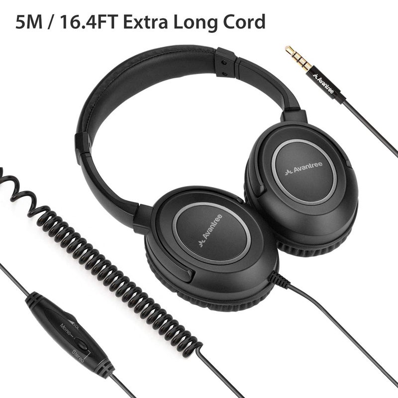 Avantree HF039 Long Coiled Cord Headphones for TV and PC with Volume Control, Stero/Mono Control,16.4 Feet / 5M Extended Range Cable, 3.5mm AUX Audio, Stereo Sound Spiral Wired Over Ear Headphones - Image 2