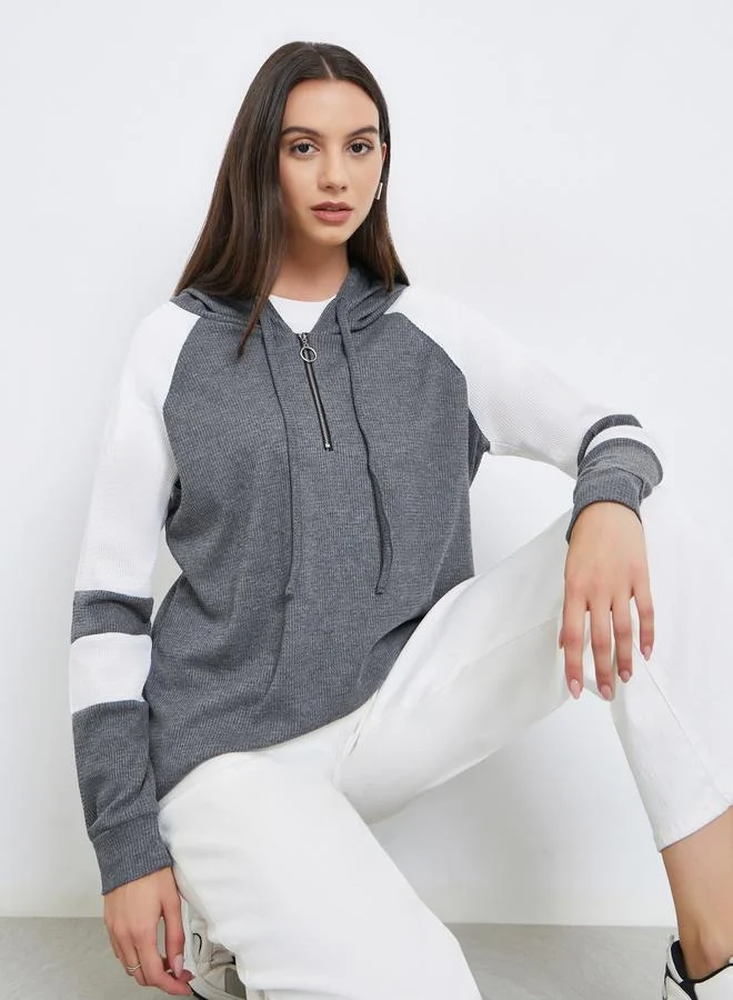 Take Two Grey Color Block Raglan Sleeve Hoodie