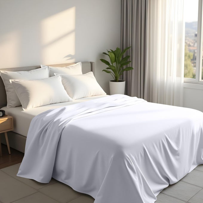 SINGLE FLAT SHEET EASY CARE SOFT BRUSHED POLYESTER MICROFIBER FABRIC WRINKLE SHRINKAGE AND FADE RESISTANT WHITE
