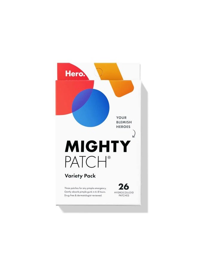 Mighty Patch ™ مجموعة متنوعة من هيرو كوزمتيكس - لاصقات حب الشباب الهيدروكولودية لتغطية البثور والعيوب، ملصقات موضعية للوجه والبشرة، العناية بالبشرة الكورية، 26 قطعة - Image 1