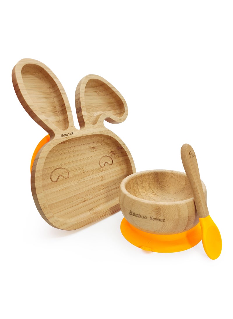 Baby Bamboo Feeding 3 Piece Set Made From Bamboo With Colored Silicone and Rabbit Shape