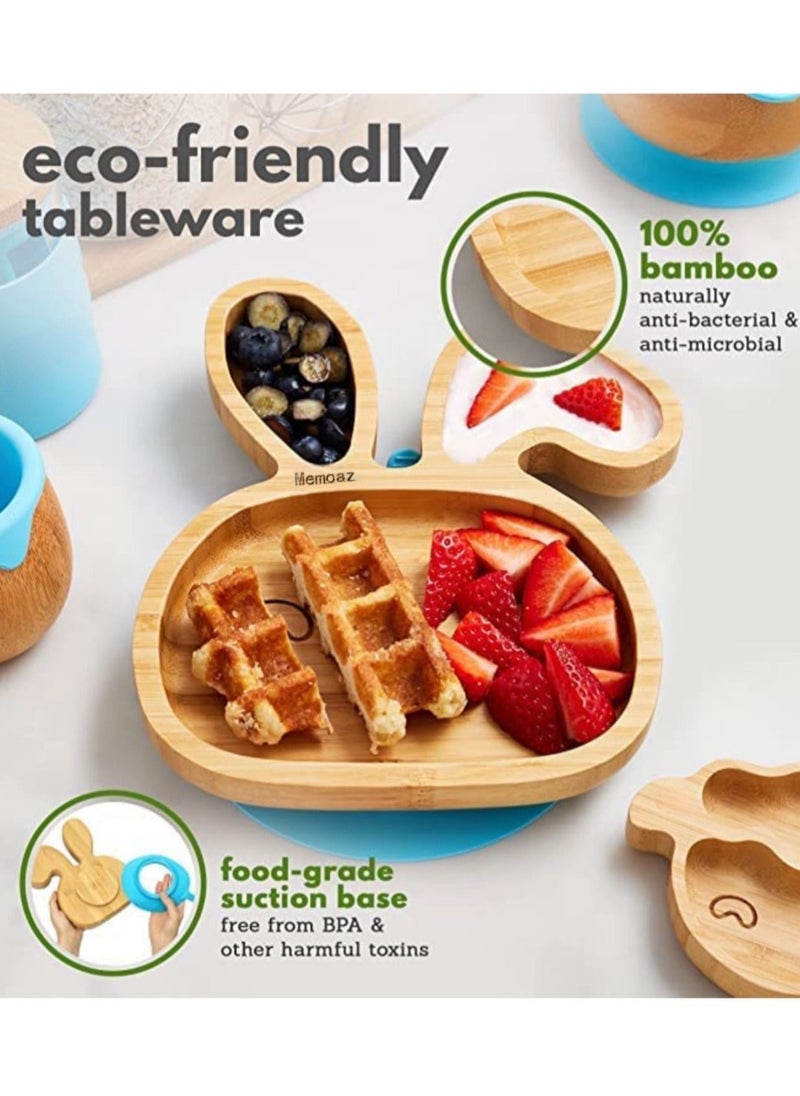Baby Bamboo Feeding 3 Piece Set Made From Bamboo With Colored Silicone and Rabbit Shape