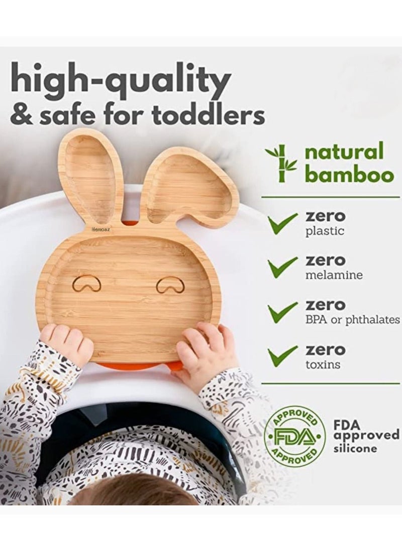 Baby Bamboo Feeding 3 Piece Set Made From Bamboo With Colored Silicone and Rabbit Shape