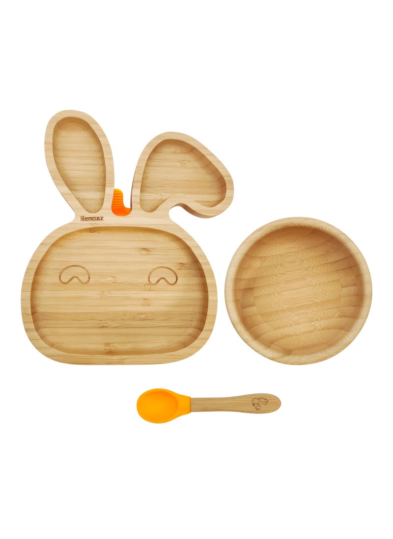 Baby Bamboo Feeding 3 Piece Set Made From Bamboo With Colored Silicone and Rabbit Shape