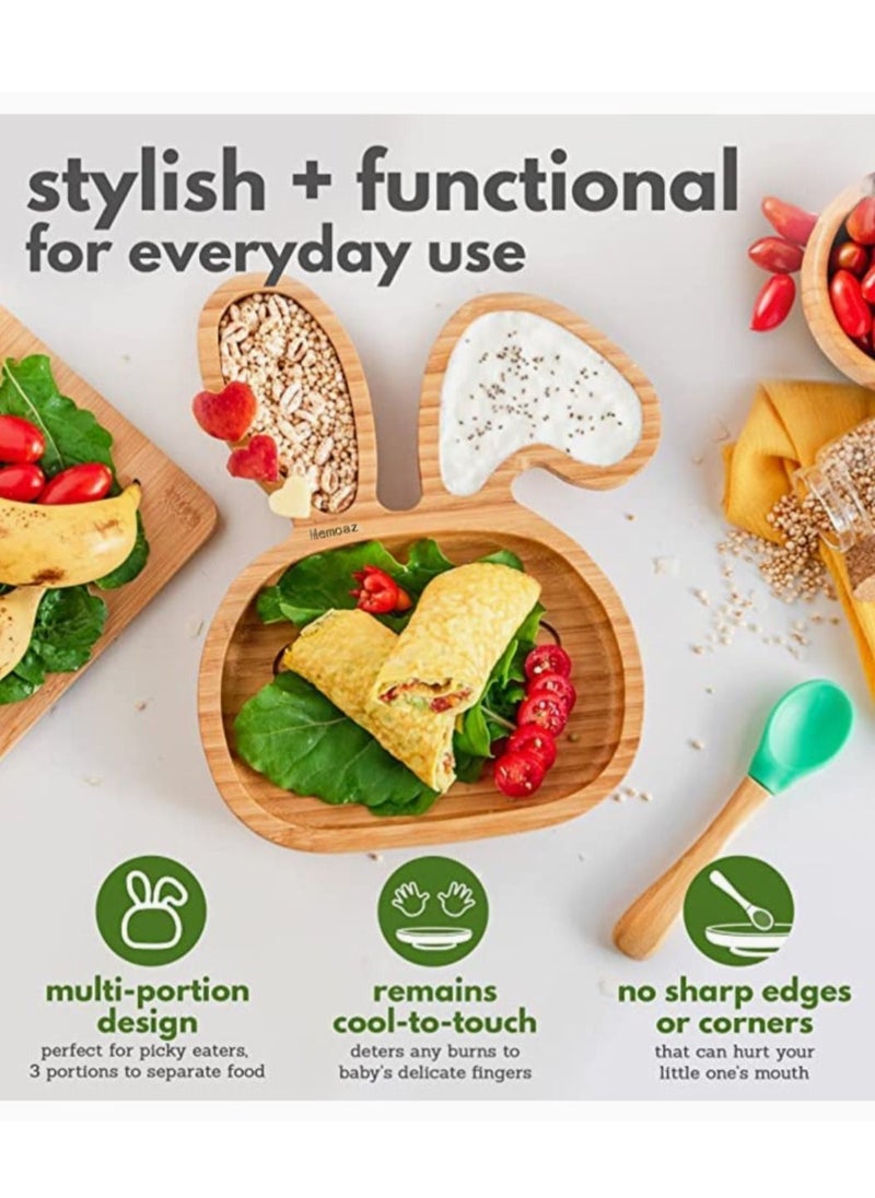 Baby Bamboo Feeding 3 Piece Set Made From Bamboo With Colored Silicone and Rabbit Shape