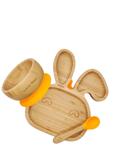 Baby Bamboo Feeding 3 Piece Set Made From Bamboo With Colored Silicone and Rabbit Shape