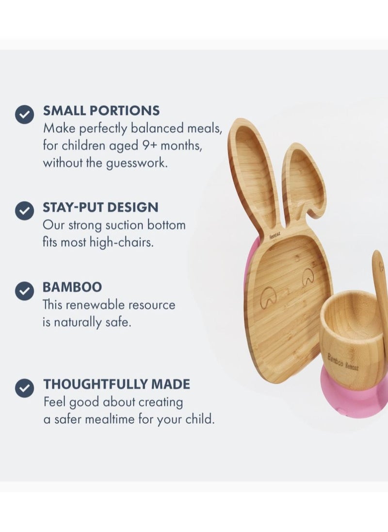 Baby Bamboo Feeding 3 Piece Set Made From Bamboo With Colored Silicone and Rabbit Shape