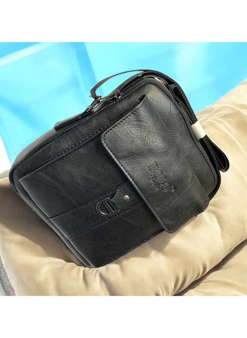 بولو حقيبة كروس من جلد البولي يوريثان عالية الجودة للرجال، باللون الأسود - Image 3