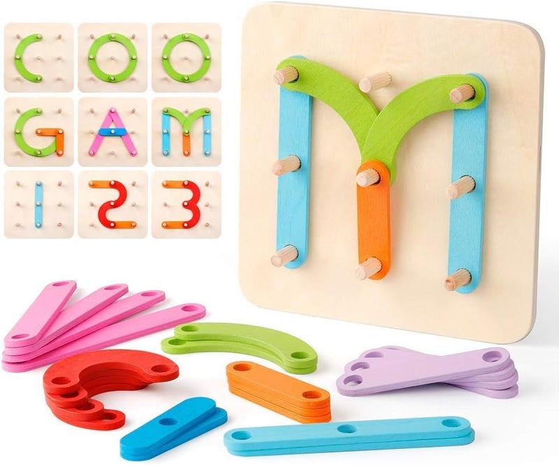 Coogam Wooden Letter Number Construction Puzzle Educational Stacking Blocks Toy Set Shape Color Sorter Pegboard Activity Board Sort Game for Kids Gift Preschool Learning STEM Toy - Image 1
