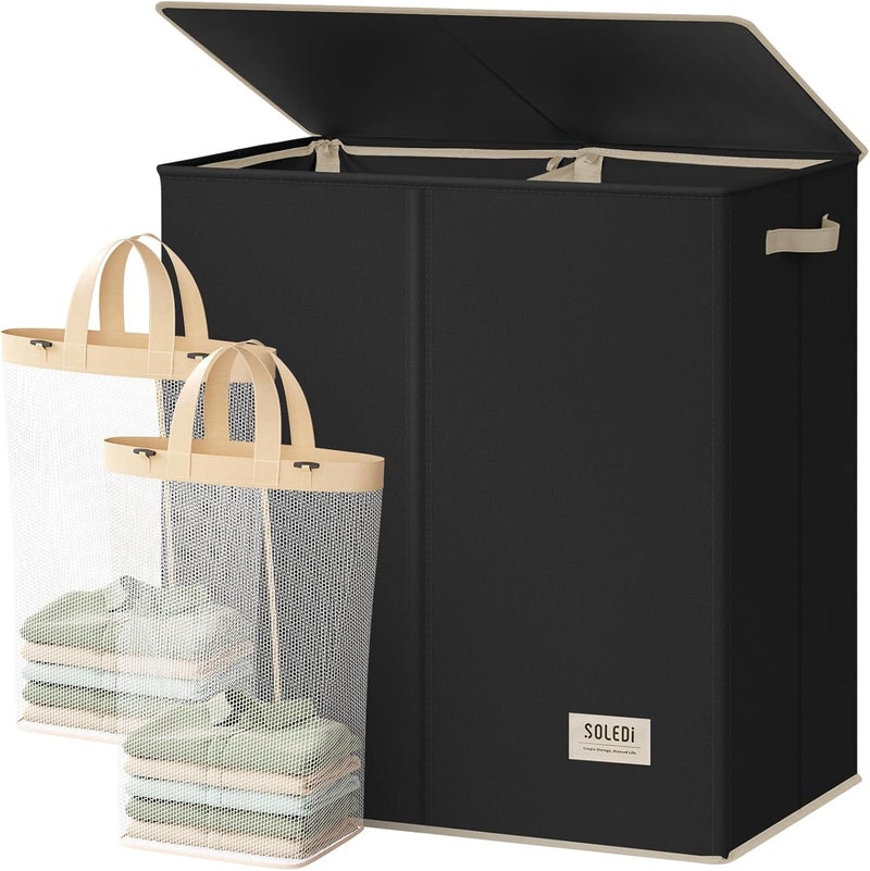 SOLEDI Large Double Laundry Hamper with Lid, Collapsible Clothes Hamper 2 section with Removable Bags, Space-Saving Laundry Basket for Bedroom, Dorm, College - Image 1