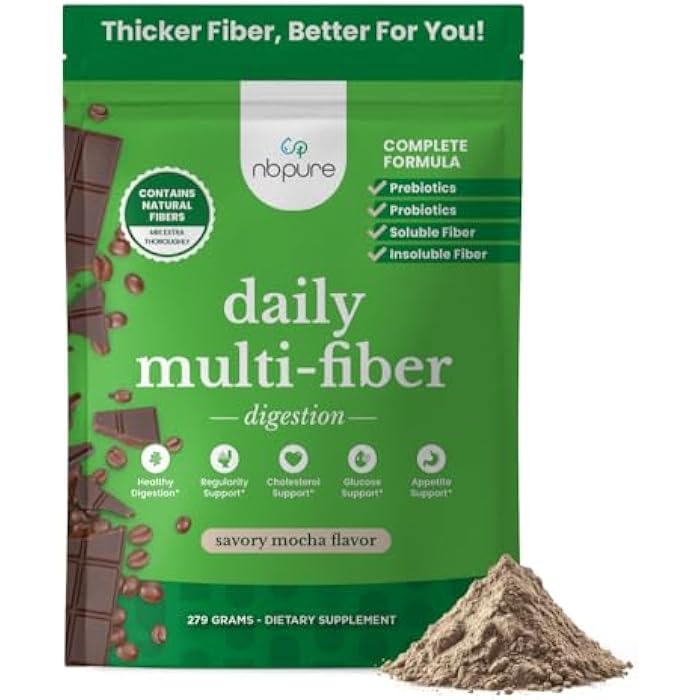 nbpure Daily Fiber Powder Blend for Digestive Health, Cholesterol Support, Healthy Weight Management - with Prebiotic, Insoluble, Soluble Fiber + 4 Probiotic Strains, Savory Mocha, Gusset, 45 Servings - Image 1