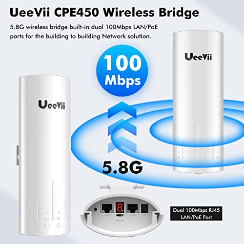 UeeVii Wireless Bridge Point to Point Outdoor: UeeVii CPE450 5.8G 3Km Long Range Wi-Fi Bridge for Extend Network to Barn and Surveillance Range - Work with Starlink, 14dBi MIMO Antenna,48V POE Powered, 2pcs - Image 2