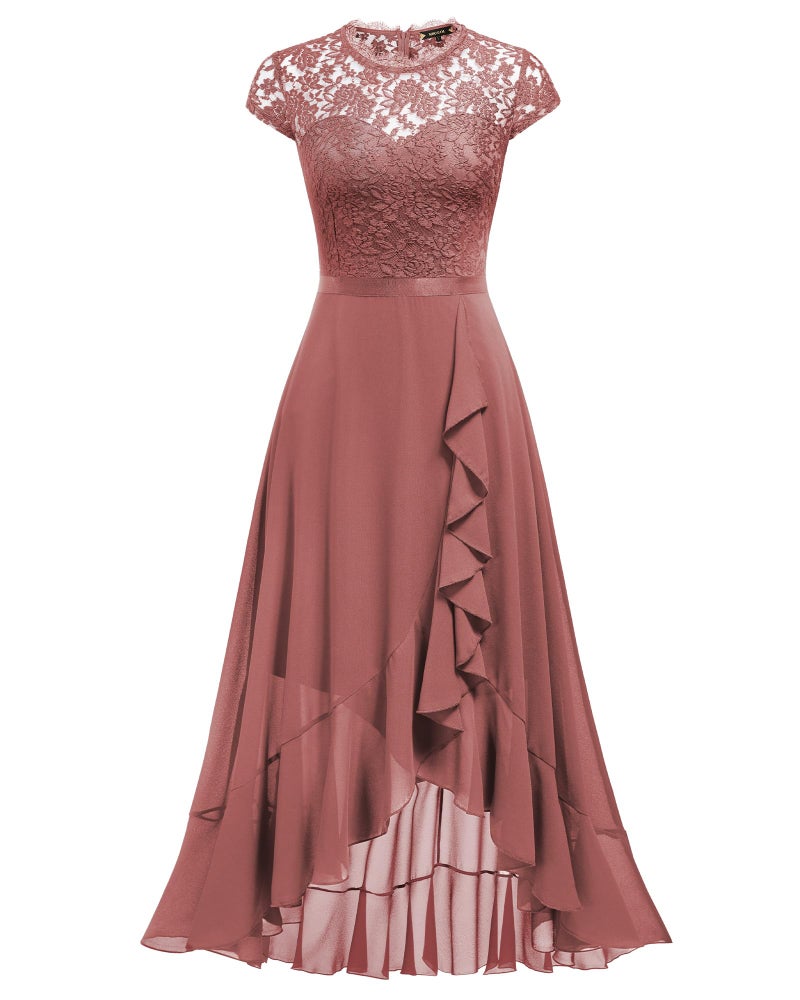 Miusol Women's Retro Lace Contrast Chiffon Ruffle Evening Maxi Dress (Medium, Cinnamon Pink) - Image 5