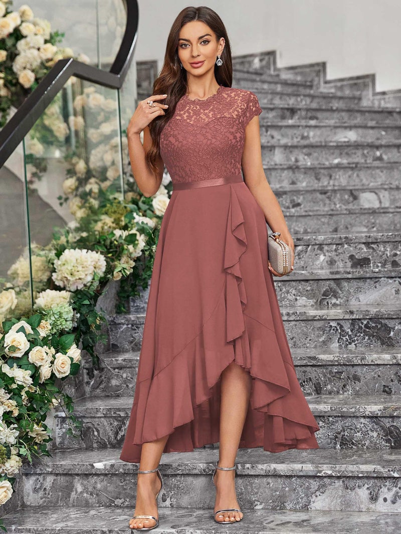 Miusol Women's Retro Lace Contrast Chiffon Ruffle Evening Maxi Dress (Medium, Cinnamon Pink) - Image 3