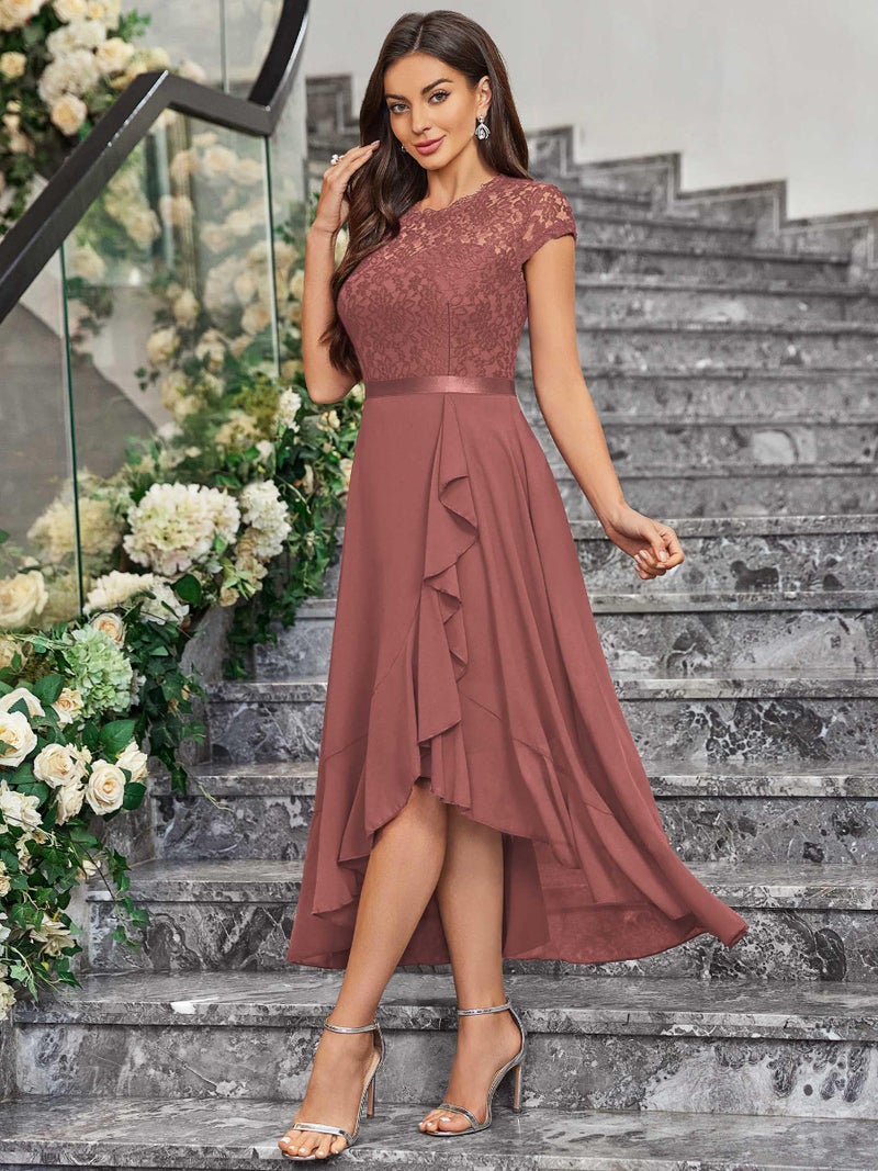Miusol Women's Retro Lace Contrast Chiffon Ruffle Evening Maxi Dress (Medium, Cinnamon Pink) - Image 4