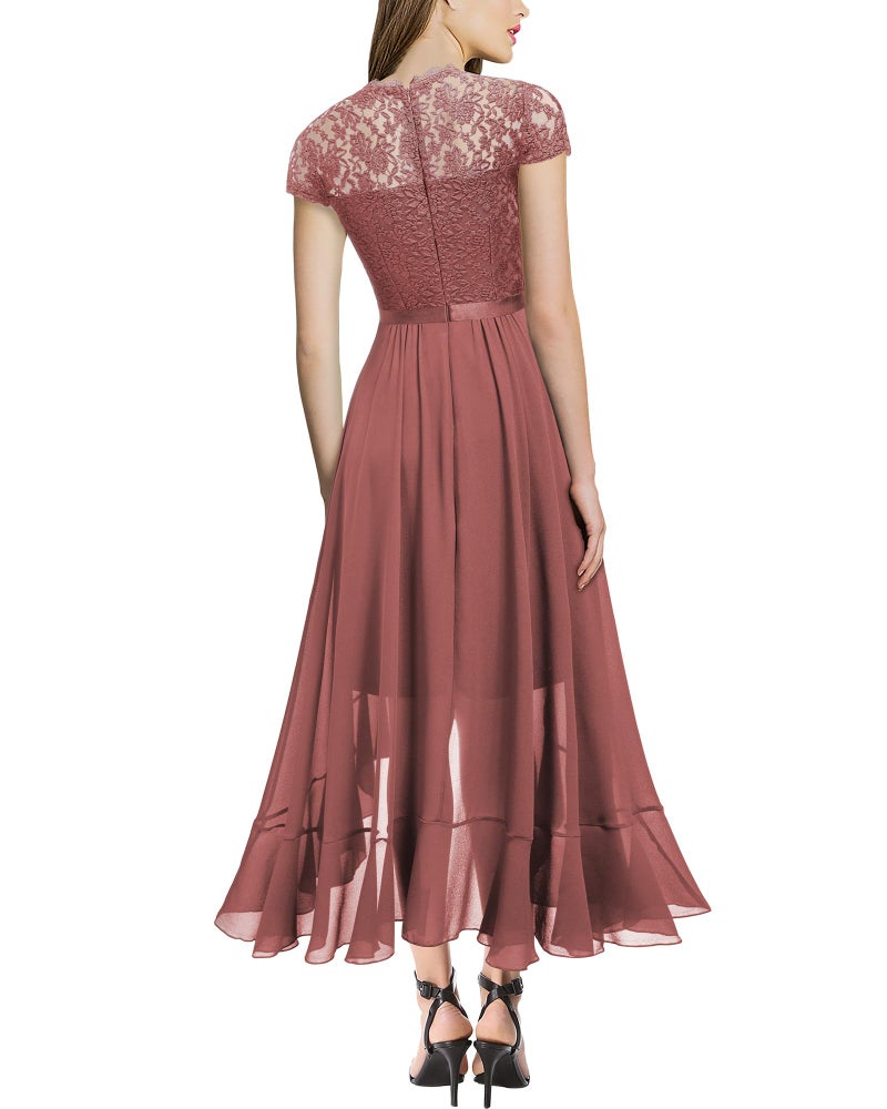 Miusol Women's Retro Lace Contrast Chiffon Ruffle Evening Maxi Dress (Medium, Cinnamon Pink) - Image 2