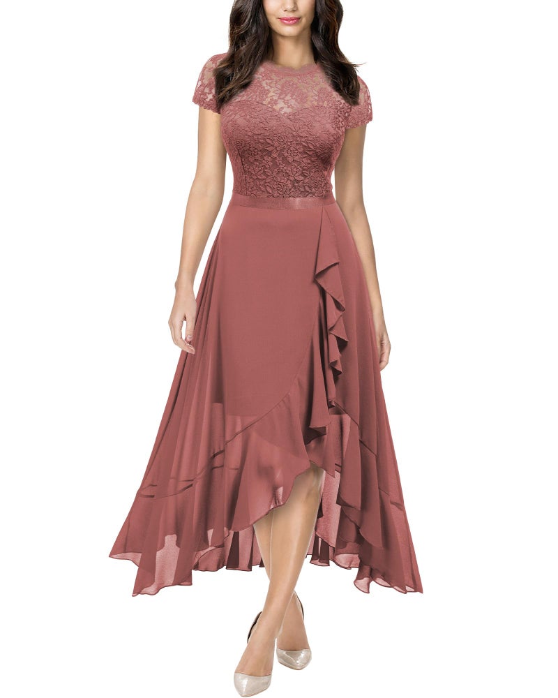 Miusol Women's Retro Lace Contrast Chiffon Ruffle Evening Maxi Dress (Medium, Cinnamon Pink) - Image 1