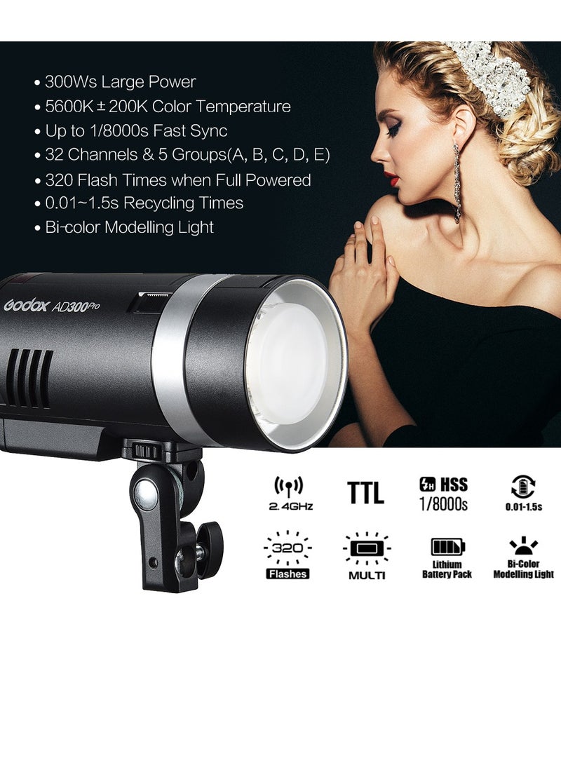 Godox AD300Pro Portable Outdoor Strobe Flash Light 2.4G Wireless 300Ws 5600K TTL 1/8000s Fast Sync 0.01~1.5s Recycling Time 320 Times Full Power Flash 2600mAh Rechargeable Battery Compatible with Canon Nikon Sony FUJIFILM Panasonic Pentax Olympus - Image 5