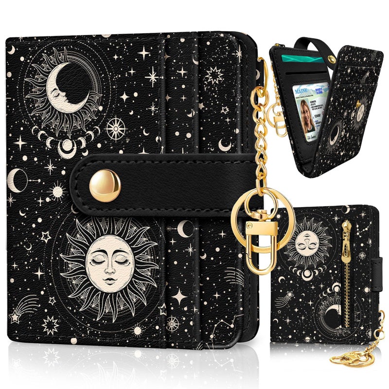 Jogjam Sun and Moon Rfid Women Wallet, Small Slim Thin Credit Card Wallet, PU Leather Bifold Cash Zipper Coin Pocket ID Window for Female Ladies Teen Girls Girly - Image 1