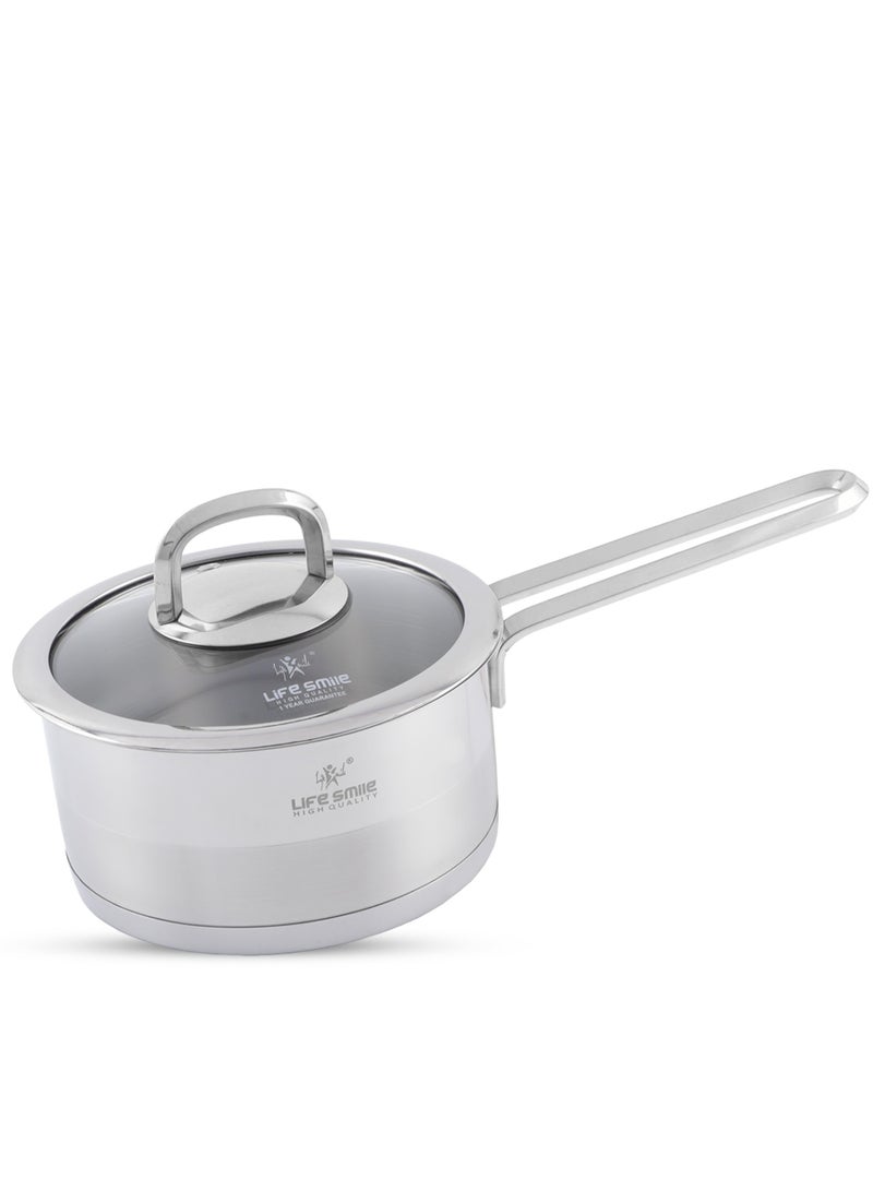 Life Smile President Series Premium 18/10 Stainless Steel Sauce Pan - Induction 3-Ply Thick Base Steel Sauce Pan with Glass Lid for Even Heating Oven Safe Silver  - Image 1