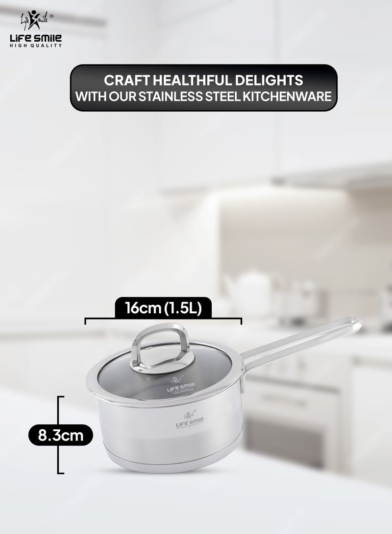 Life Smile President Series Premium 18/10 Stainless Steel Sauce Pan - Induction 3-Ply Thick Base Steel Sauce Pan with Glass Lid for Even Heating Oven Safe Silver  - Image 5