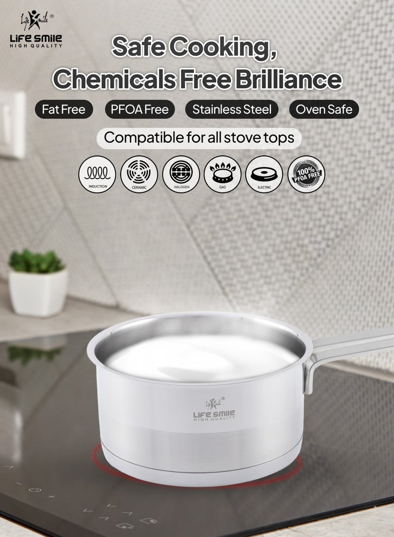 Life Smile President Series Premium 18/10 Stainless Steel Sauce Pan - Induction 3-Ply Thick Base Steel Sauce Pan with Glass Lid for Even Heating Oven Safe Silver  - Image 2