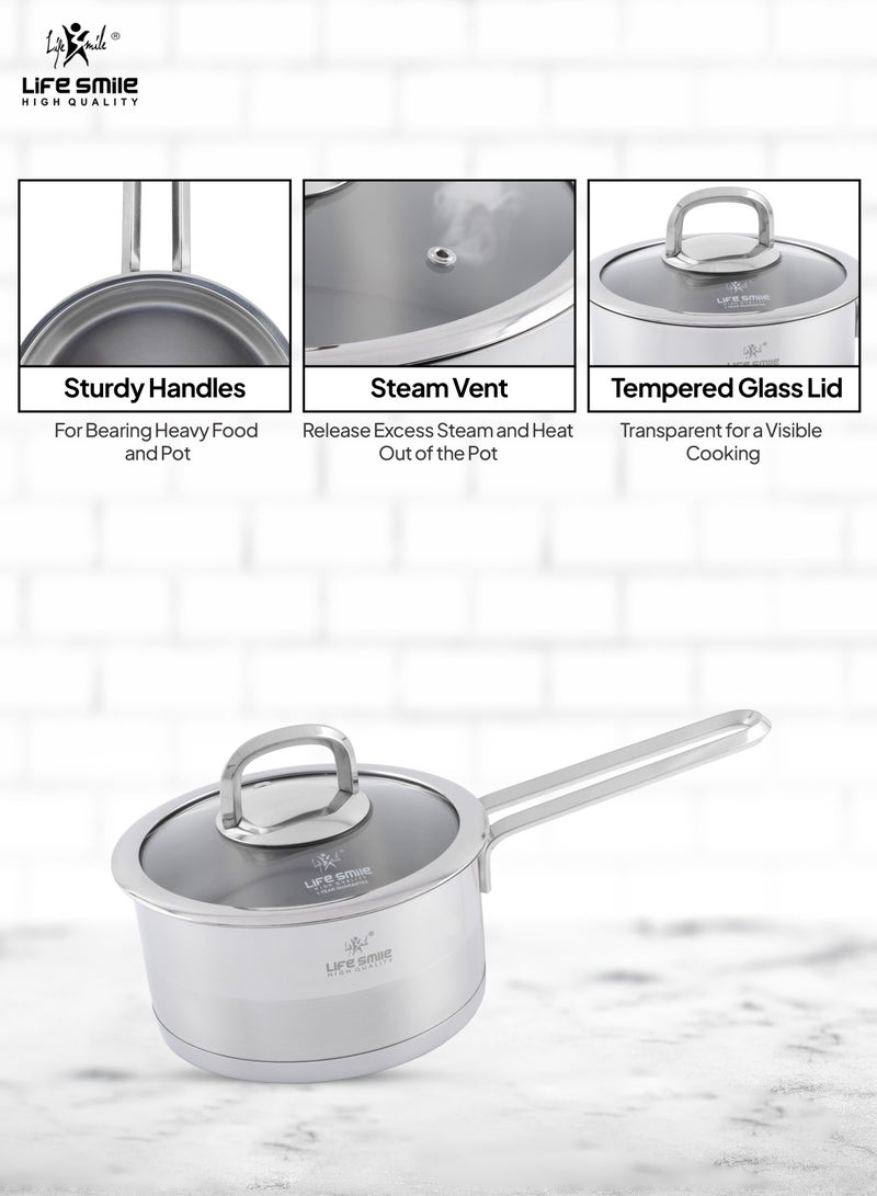 Life Smile President Series Premium 18/10 Stainless Steel Sauce Pan - Induction 3-Ply Thick Base Steel Sauce Pan with Glass Lid for Even Heating Oven Safe Silver  - Image 3