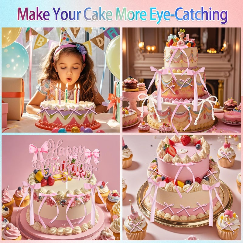 ZLSPTK 40Pcs Bow Cupcake Topper Pink 1 Happy Birthday Pearl Bowknot Cake Topper Coquette 3D Ribbon Cupcake Decorations for Baby Shower Cute Cake Dessert Picks Aesthetic Wall Party Wedding Room Decor Supplies - Image 4