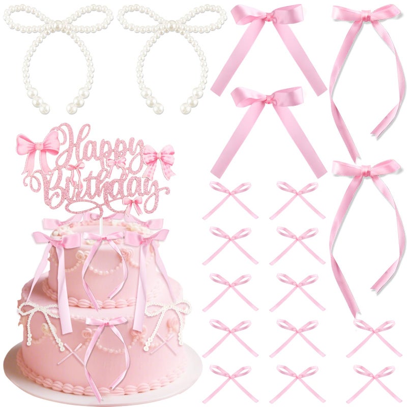 ZLSPTK 40Pcs Bow Cupcake Topper Pink 1 Happy Birthday Pearl Bowknot Cake Topper Coquette 3D Ribbon Cupcake Decorations for Baby Shower Cute Cake Dessert Picks Aesthetic Wall Party Wedding Room Decor Supplies - Image 1