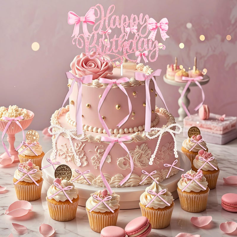 ZLSPTK 40Pcs Bow Cupcake Topper Pink 1 Happy Birthday Pearl Bowknot Cake Topper Coquette 3D Ribbon Cupcake Decorations for Baby Shower Cute Cake Dessert Picks Aesthetic Wall Party Wedding Room Decor Supplies - Image 5
