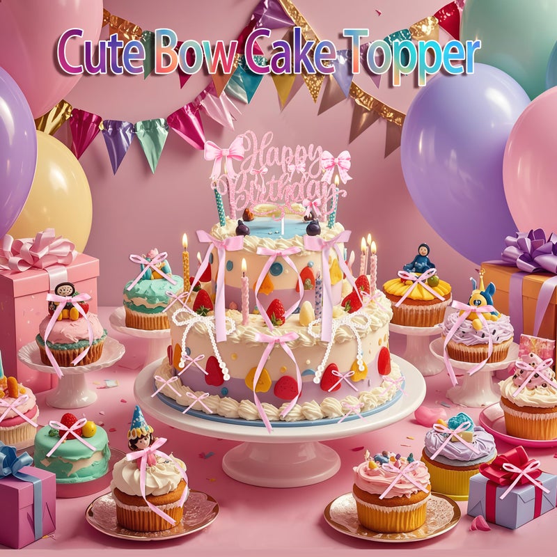 ZLSPTK 40Pcs Bow Cupcake Topper Pink 1 Happy Birthday Pearl Bowknot Cake Topper Coquette 3D Ribbon Cupcake Decorations for Baby Shower Cute Cake Dessert Picks Aesthetic Wall Party Wedding Room Decor Supplies - Image 2